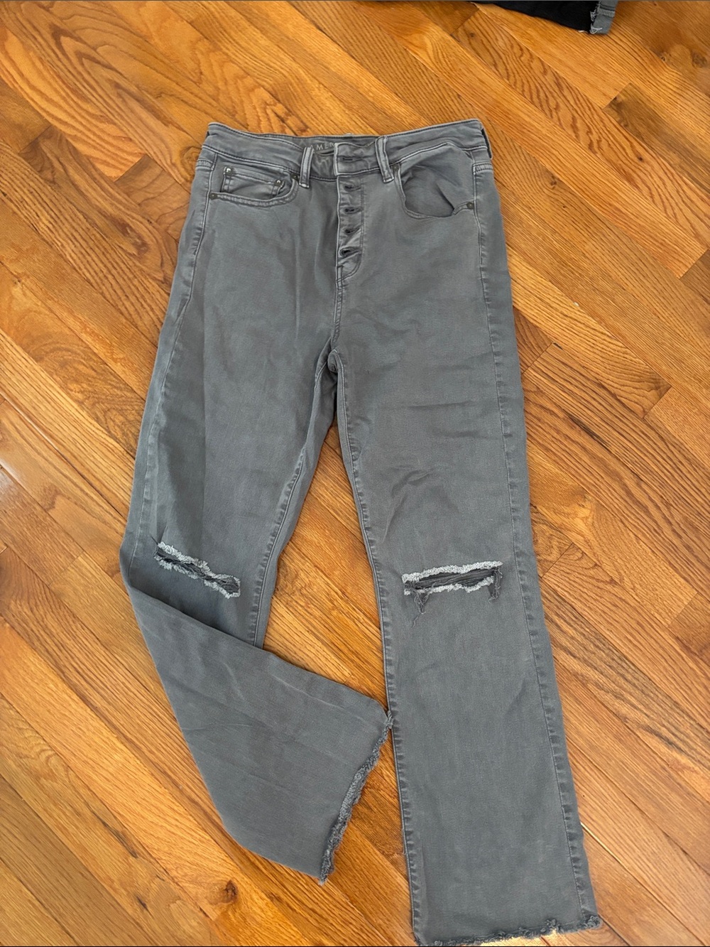 AE High-Waist Button-Fly Distressed Gray Jeans